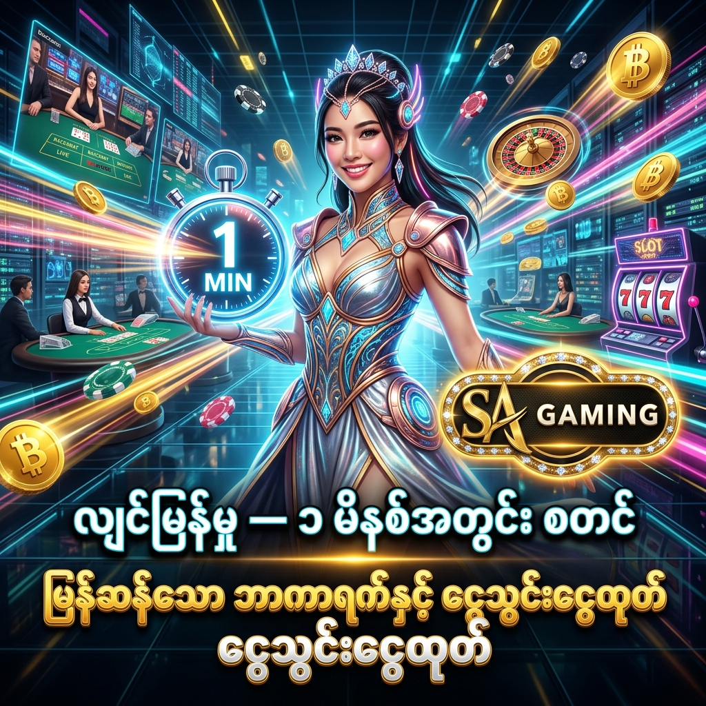 SA Gaming အွန်လိုင်းကာစီနို၏ ၁ မိနစ်အတွင်း လျင်မြန်စွာ အကောင့်ဖွင့်နိုင်မှု၊ ငွေသွင်းငွေထုတ် မြန်ဆန်မှုနှင့် Server တည်ငြိမ်မှုကြောင့် ဘာကာရက် Live ပွဲစဉ်များကို ရုပ်ပြတ်မှုမရှိဘဲ ကြည့်ရှုကစားနိုင်ကြောင်း ဖော်ပြထားသည့် အရည်အသွေးမြင့် ကြော်ငြာ ပိုစတာဖြစ်ပါသည်။ အမြန်နှုန်း ပုံရိပ်ပါ ဖန်တက်စီ ဝတ်စုံ ဝတ်ဆင်ထားသော အာရှအမျိုးသမီး တင်ဆက်သူ၊ ဟိုလိုဂရမ် နာရီများ၊ တောက်ပသော နီယွန်မီးရောင်များ၊ ရွှေဒင်္ဂါးပြားများ၊ ကာစီနိုချစ်ပ်များနှင့် SA Gaming လိုဂိုတို့ဖြင့် အကောင့်ဖွင့်လှစ်ပြီး တိုက်ရိုက်ဝင်ရောက် ကစားနိုင်ရန် ဖန်တီးထားသော ရုပ်ပုံ ဖြစ်ပါသည်။

