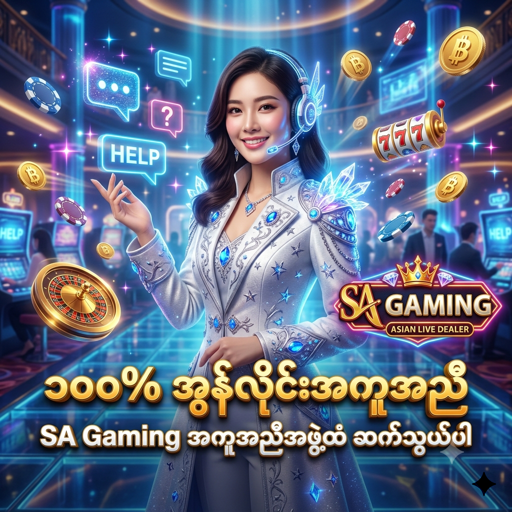 SA Gaming အွန်လိုင်းကာစီနို၏ ၁၀၀% အွန်လိုင်းအကူအညီပေးရေး ဝန်ဆောင်မှု အကြောင်း ဖော်ပြထားသည့် အရည်အသွေးမြင့် ပိုစတာဖြစ်ပါသည်။ စပ္ဖိုင်းခရမ်းရောင်နှင့် ငွေရောင် ဖန်တက်စီ ဝတ်စုံ ဝတ်ဆင်ထားသော အာရှအမျိုးသမီး တင်ဆက်သူ၊ ဟိုလိုဂရမ် ကူညီရေး ဝစ်ဂျက်များ၊ တောက်ပသော နီယွန်မီးရောင်များ၊ ရွှေဒင်္ဂါးပြားများ၊ ကာစီနိုချစ်ပ်များနှင့် SA Gaming လိုဂိုတို့ဖြင့် အကောင့်ဝင်ခြင်း၊ မှတ်ပုံတင်ခြင်းနှင့် ဂိမ်းအသုံးပြုမှု ပြဿနာများကို အချိန်မရွေး ကူညီဖြေရှင်းပေးရန် ဖန်တီးထားသော ကြော်ငြာရုပ်ပုံ ဖြစ်ပါသည်။

