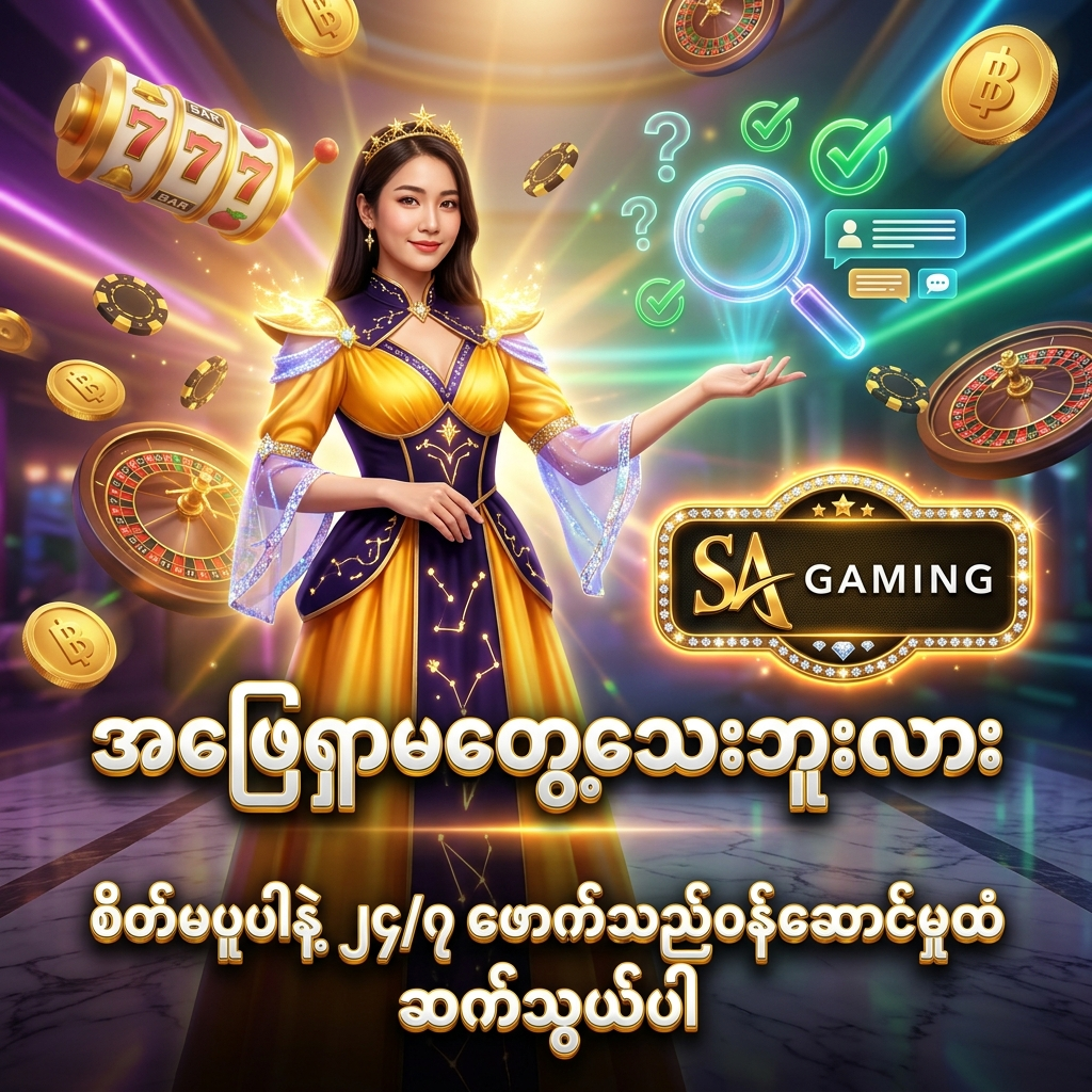 SA Gaming အွန်လိုင်းကာစီနိုတွင် သိလိုသည်များကို အဖြေရှာမတွေ့ပါက စိတ်မပူဘဲ ၂၄ နာရီ ၇ ရက် ပတ်လုံး အကူအညီပေးနေသော ဖောက်သည်ဝန်ဆောင်မှုအဖွဲ့ထံ တိုက်ရိုက် ဆက်သွယ်နိုင်ကြောင်း ဖော်ပြထားသည့် အရည်အသွေးမြင့် ပိုစတာဖြစ်ပါသည်။ တိုပက်စ်ရွှေရောင်နှင့် ခရမ်းရောင် ဖန်တက်စီ ဝတ်စုံ ဝတ်ဆင်ထားသော အာရှအမျိုးသမီး တင်ဆက်သူ၊ ဟိုလိုဂရမ် စာပို့ ဝစ်ဂျက်များ၊ တောက်ပသော နီယွန်မီးရောင်များ၊ ရွှေဒင်္ဂါးပြားများ၊ ကာစီနိုချစ်ပ်များနှင့် SA Gaming လိုဂိုတို့ဖြင့် ကစားသမားများ စိတ်ချယုံကြည်စွာ အကူအညီ ရယူနိုင်ရန် ဖန်တီးထားသော ကြော်ငြာရုပ်ပုံ ဖြစ်ပါသည်။

