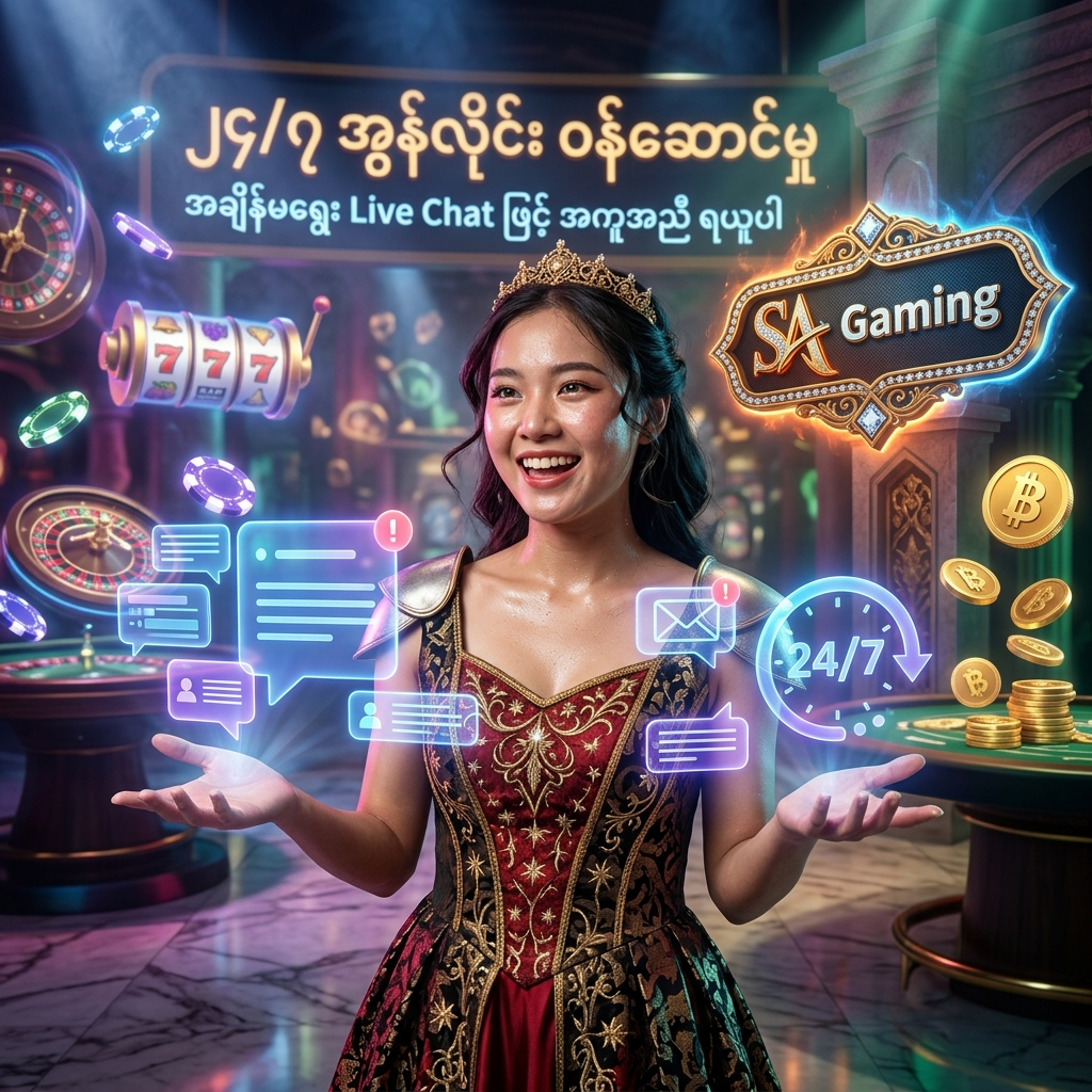 SA Gaming အွန်လိုင်းကာစီနို၏ ပလက်ဖောင်းတွင် Live Chat ဖြင့် ၂၄ နာရီပတ်လုံး အချိန်မရွေး အကူအညီ တောင်းခံနိုင်သည့် ဝန်ဆောင်မှုအကြောင်း ဖော်ပြထားသည့် အစစ်အမှန် ဓါတ်ပုံစတိုင်လ် ကြော်ငြာ ပိုစတာဖြစ်ပါသည်။ ရွှေရောင်နှင့် နီရဲသော ဖန်တက်စီ ဝတ်စုံ ဝတ်ဆင်ထားသော အာရှအမျိုးသမီး တင်ဆက်သူ၊ ဟိုလိုဂရမ် စာပို့ ဝစ်ဂျက်များ၊ တောက်ပသော နီယွန်မီးရောင်များ၊ ရွှေဒင်္ဂါးပြားများ၊ ကာစီနိုချစ်ပ်များနှင့် SA Gaming လိုဂိုတို့ဖြင့် ကစားသမားများ စိတ်ချယုံကြည်စွာ ၂၄ နာရီပတ်လုံး အကူအညီ ရယူနိုင်ရန် ဖန်တီးထားသော ကြော်ငြာရုပ်ပုံ ဖြစ်ပါသည်။

