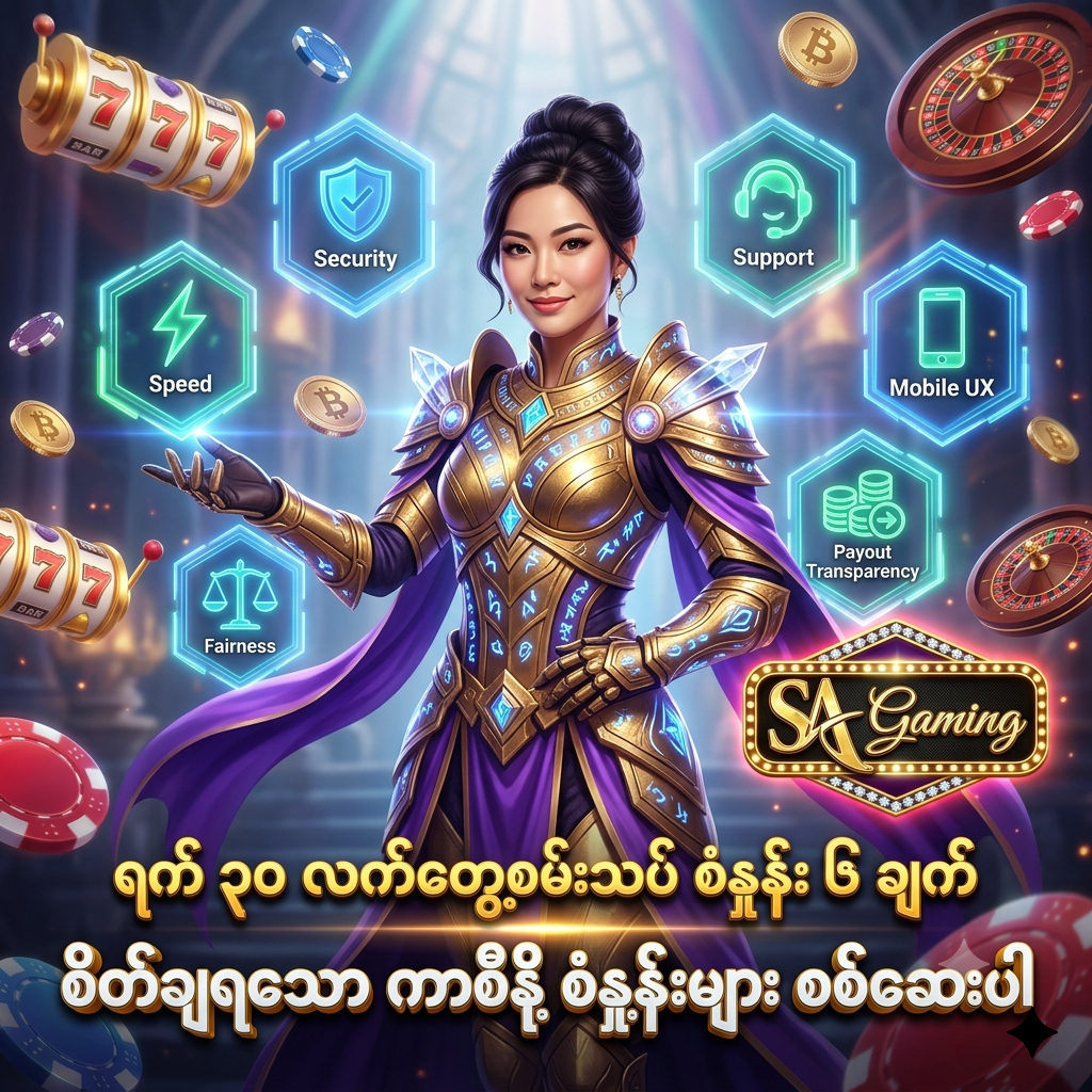 SA Gaming ၏ ပလက်ဖောင်း အမှတ်ပေး စံနှုန်း ၆ ချက်နှင့် ရက်ပေါင်း ၃၀ ကြာ လက်တွေ့စမ်းသပ် စစ်ဆေးမှုများအကြောင်း ဖော်ပြထားသည့် အရည်အသွေးမြင့် ကာစီနို ကြော်ငြာ ပိုစတာဖြစ်ပါသည်။ ရွှေရောင် ဖန်တက်စီ ဝတ်စုံ ဝတ်ဆင်ထားသော အာရှအမျိုးသမီး တင်ဆက်သူ၊ ဟိုလိုဂရမ် စံနှုန်း တံဆိပ် ၆ ခု၊ တောက်ပသော နီယွန်မီးရောင်များ၊ ရွှေဒင်္ဂါးပြားများ၊ ကာစီနိုချစ်ပ်များနှင့် SA Gaming လိုဂိုတို့ဖြင့် အွန်လိုင်းကာစီနိုများ၏ လုံခြုံရေး၊ ငွေကြေး ပွင့်လင်းမြင်သာမှုနှင့် ဝန်ဆောင်မှု အရည်အသွေးများကို စိတ်ချယုံကြည်စွာ စစ်ဆေးနိုင်ရန် ဖန်တီးထားပါသည်။


