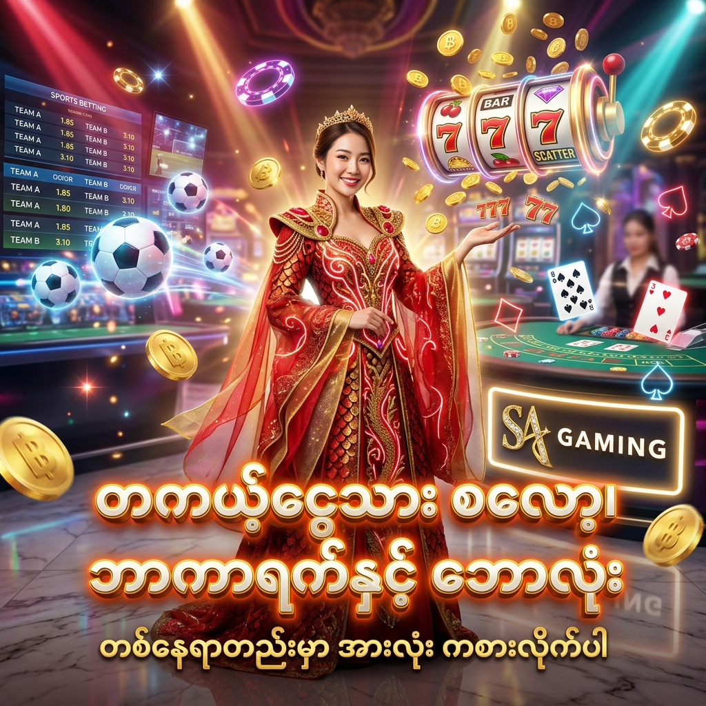SA Gaming အွန်လိုင်းကာစီနိုတွင် တကယ့်ငွေသား စလော့ဂိမ်းများ၊ Live ဘာကာရက်နှင့် ဘောလုံးလောင်းကစား ဝန်ဆောင်မှုများကို တစ်နေရာတည်းတွင် စုံလင်စွာ ကစားနိုင်ကြောင်း ဖော်ပြထားသည့် အရည်အသွေးမြင့် ကြော်ငြာ ပိုစတာဖြစ်ပါသည်။ စိန်နှင့် ရွှေရောင် ဖန်တက်စီ ဝတ်စုံ ဝတ်ဆင်ထားသော အာရှအမျိုးသမီး တင်ဆက်သူ၊ ဘောလုံး ဟိုလိုဂရမ်များ၊ စလော့စက်များ၊ ဘာကာရက် ဖဲဝိုင်းများ၊ တောက်ပသော နီယွန်မီးရောင်များ၊ ရွှေဒင်္ဂါးပြားများ၊ ကာစီနိုချစ်ပ်များနှင့် SA Gaming လိုဂိုတို့ဖြင့် အွန်လိုင်းကာစီနို ကစားသမားများ စိတ်ဝင်စားစွာ ဝင်ရောက်ကစားနိုင်ရန် ဖန်တီးထားသော ရုပ်ပုံ ဖြစ်ပါသည်။


