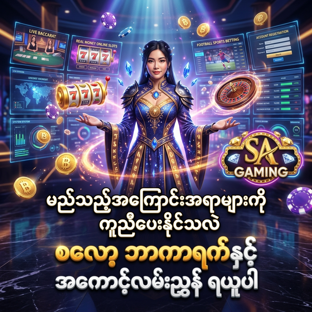 SA Gaming အွန်လိုင်းကာစီနို၏ အကောင့်ဖွင့်ခြင်း၊ အကောင့်ဝင်ခြင်း၊ စလော့ဂိမ်းများ၊ Live ဘာကာရက်နှင့် ဘောလုံးလောင်းကစားဆိုင်ရာ နည်းပညာ မေးခွန်းများကို အပြည့်အဝ ကူညီဖြေရှင်းပေးသည့် ဝန်ဆောင်မှု ပိုစတာဖြစ်ပါသည်။ စီးပွားရေးနှင့် ဖန်တက်စီ ဝတ်စုံ ဝတ်ဆင်ထားသော အာရှအမျိုးသမီး တင်ဆက်သူ၊ ဟိုလိုဂရမ် ဂိမ်းပြကွက်များ၊ တောက်ပသော နီယွန်မီးရောင်များ၊ ရွှေဒင်္ဂါးပြားများ၊ ကာစီနိုချစ်ပ်များနှင့် SA Gaming လိုဂိုတို့ဖြင့် အွန်လိုင်းကာစီနို ကစားသမားများ စိတ်ချယုံကြည်စွာ အကူအညီ ရယူနိုင်ရန် ဖန်တီးထားသော အရည်အသွေးမြင့် ကြော်ငြာရုပ်ပုံ ဖြစ်ပါသည်။

