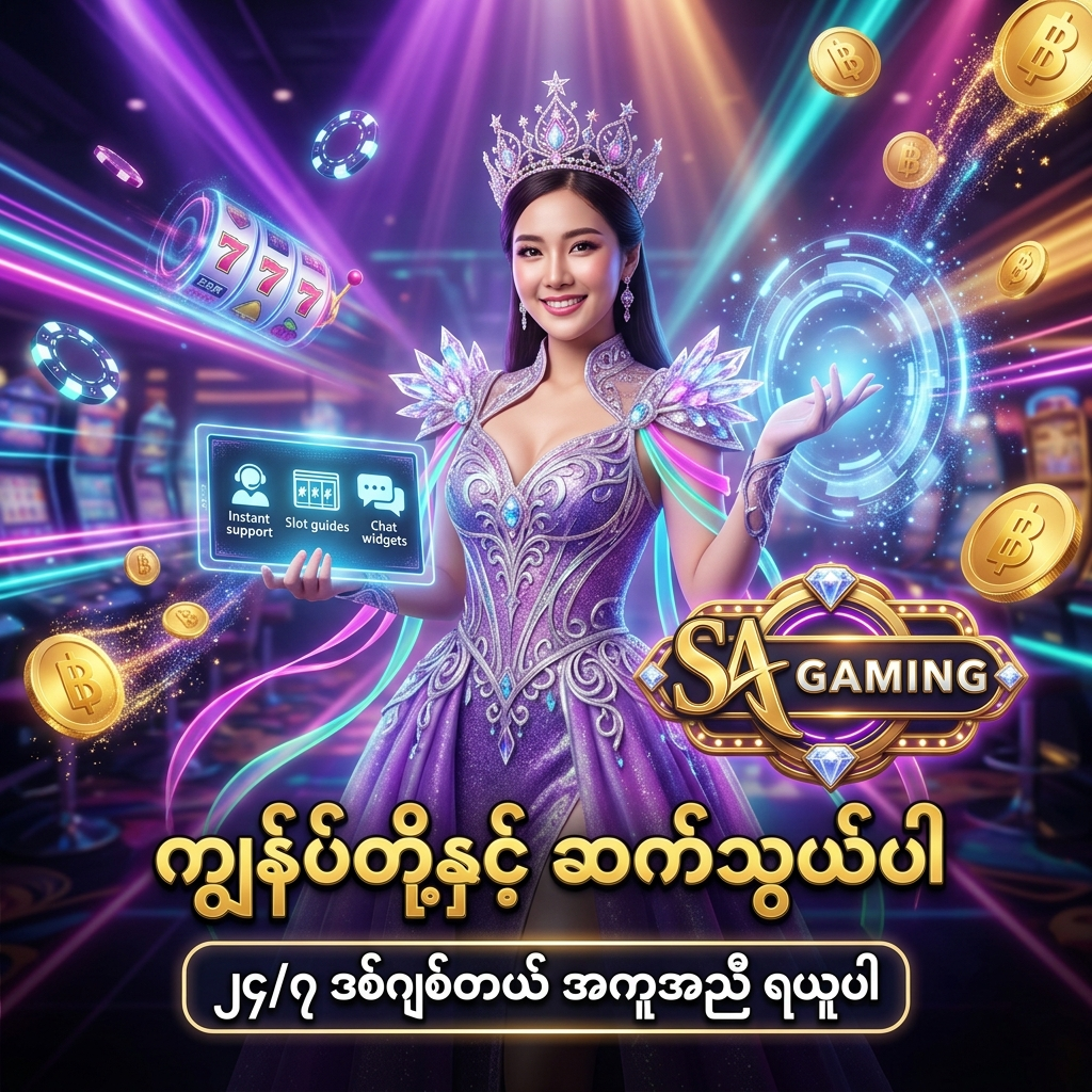 SA Gaming အွန်လိုင်းကာစီနို၏ ၂၄ နာရီပတ်လုံး ဒစ်ဂျစ်တယ် လမ်းကြောင်းမှတစ်ဆင့် ဆက်သွယ်မေးမြန်းနိုင်ကြောင်း ဖော်ပြထားသည့် ပိုစတာဖြစ်ပါသည်။ ခရမ်းရောင် ဖန်တက်စီ ဝတ်စုံ ဝတ်ဆင်ထားသော ဆွဲဆောင်မှုရှိသည့် အာရှအမျိုးသမီး တင်ဆက်သူ၊ ဟိုလိုဂရမ် ကူညီရေး ဝစ်ဂျက်များ၊ တောက်ပသော နီယွန်မီးရောင်များ၊ ရွှေဒင်္ဂါးပြားများ၊ ကာစီနိုချစ်ပ်များနှင့် SA Gaming လိုဂိုတို့ဖြင့် မေးခွန်းများ၊ ငွေသွင်း/ငွေထုတ် လမ်းညွှန်များကို အလွယ်တကူ ဆက်သွယ်မေးမြန်းနိုင်ရန် ရည်ရွယ်ဖန်တီးထားသော ကြော်ငြာရုပ်ပုံ ဖြစ်ပါသည်။

