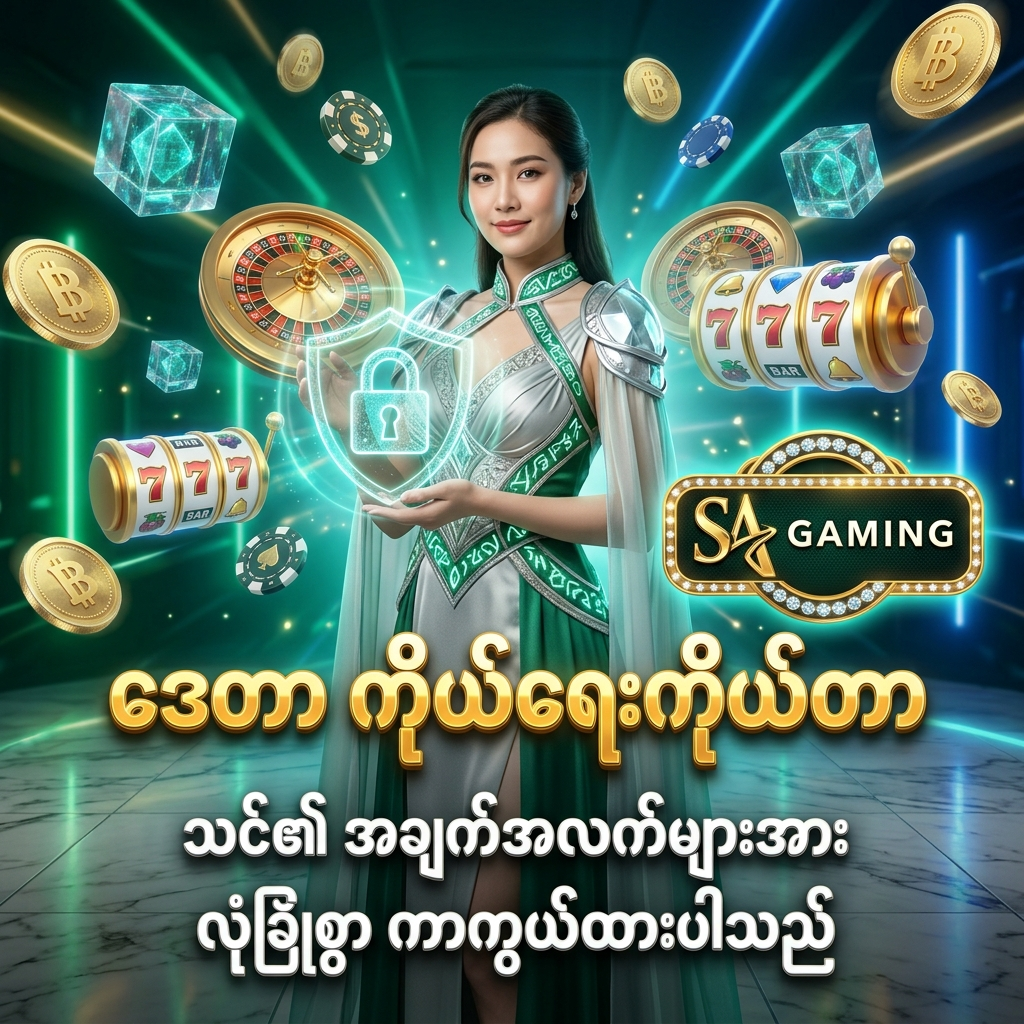 SA Gaming အွန်လိုင်းကာစီနို၏ ဒေတာ ကိုယ်ရေးကိုယ်တာ ကာကွယ်မှုနှင့် စိတ်ချရသော အချက်အလက် ထိန်းသိမ်းမှု ဝန်ဆောင်မှု အကြောင်း ဖော်ပြထားသည့် အရည်အသွေးမြင့် ပိုစတာဖြစ်ပါသည်။ မြရောင်နှင့် ငွေရောင် ဖန်တက်စီ ဝတ်စုံ ဝတ်ဆင်ထားသော အာရှအမျိုးသမီး တင်ဆက်သူ၊ ဟိုလိုဂရမ် လုံခြုံရေး ဒိုင်းများ၊ တောက်ပသော နီယွန်မီးရောင်များ၊ ရွှေဒင်္ဂါးပြားများ၊ ကာစီနိုချစ်ပ်များနှင့် SA Gaming လိုဂိုတို့ဖြင့် ကစားသမားများ၏ အချက်အလက်များကို စိတ်ချယုံကြည်စွာ ကာကွယ်စောင့်ရှောက်ပေးကြောင်း ဖော်ပြထားသော ကြော်ငြာရုပ်ပုံ ဖြစ်ပါသည်။

