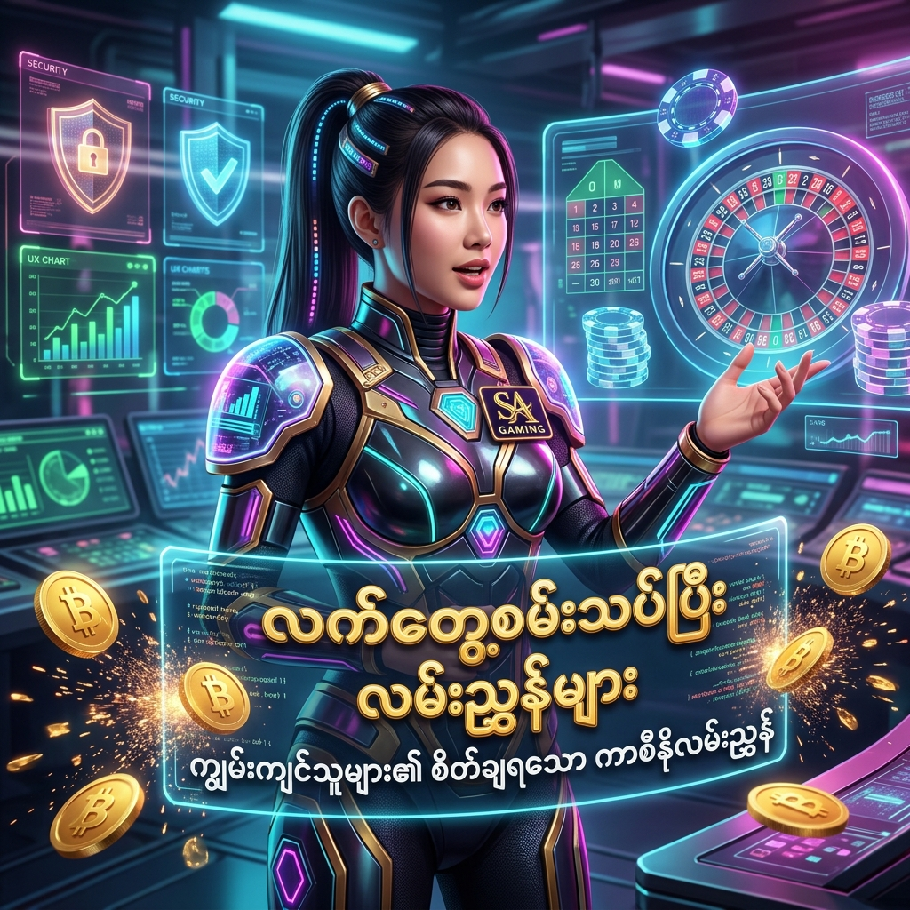SA Gaming ၏ ကျွမ်းကျင်သူအဖွဲ့မှ လက်တွေ့စမ်းသပ်ပြီး ရေးသားထားသော စိတ်ချရသည့် အွန်လိုင်းကာစီနို လမ်းညွှန်များ အကြောင်း ဖော်ပြထားသည့် ပိုစတာဖြစ်ပါသည်။ စိုက်ကြည့်ရုံမျှဖြင့် စိတ်ချယုံကြည်မှု ပေးစွမ်းနိုင်သော ဆိုက်ဘာ ဖန်တက်စီ ဝတ်စုံဝတ် အာရှအမျိုးသမီး တင်ဆက်သူ၊ တောက်ပသော နီယွန်မီးရောင်များ၊ လုံခြုံရေး ဒစ်ဂျစ်တယ် ဒိုင်းများ၊ ရွှေဒင်္ဂါးပြားများနှင့် SA Gaming လိုဂိုတို့ဖြင့် အသုံးပြုသူ အတွေ့အကြုံကောင်းများ ပေးစွမ်းနိုင်ရန် ဖန်တီးထားသော ကြော်ငြာရုပ်ပုံ ဖြစ်ပါသည်။


