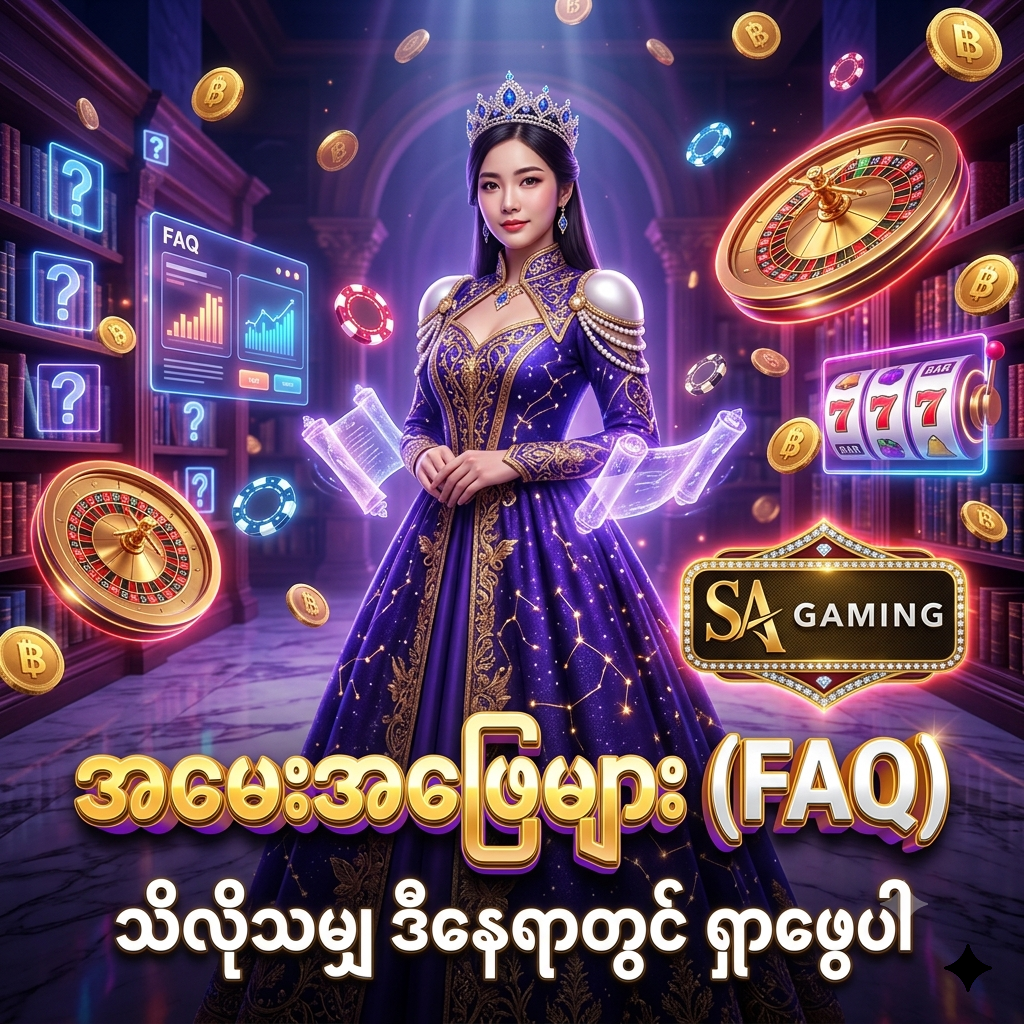 SA Gaming အွန်လိုင်းကာစီနိုနှင့် ပတ်သက်၍ သိလိုသမျှ မေးခွန်းများနှင့် အဖြေများကို စုစည်းဖော်ပြထားသည့် အမေးအဖြေများ (FAQ) ကြော်ငြာ ပိုစတာဖြစ်ပါသည်။ ညခရမ်းရောင်နှင့် ရွှေရောင် ဖန်တက်စီ ဝတ်စုံ ဝတ်ဆင်ထားသော အာရှအမျိုးသမီး တင်ဆက်သူ၊ ဟိုလိုဂရမ် မေးခွန်းသင်္ကေတများ၊ တောက်ပသော နီယွန်မီးရောင်များ၊ ရွှေဒင်္ဂါးပြားများ၊ ကာစီနိုချစ်ပ်များနှင့် SA Gaming လိုဂိုတို့ဖြင့် ကစားသမားများ သိရှိလိုသည်များကို လွယ်ကူစွာ ရှာဖွေလေ့လာနိုင်ရန် ဖန်တီးထားသော အရည်အသွေးမြင့် ရုပ်ပုံ ဖြစ်ပါသည်။

