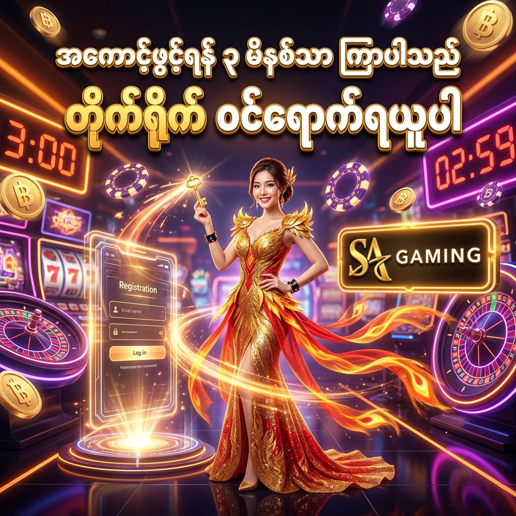 SA Gaming အွန်လိုင်းကာစီနိုတွင် ၃ မိနစ်အတွင်း လွယ်ကူမြန်ဆန်စွာ အကောင့်ဖွင့်နိုင်ကြောင်း ဖော်ပြထားသည့် အရည်အသွေးမြင့် ပိုစတာဖြစ်ပါသည်။ ဖီးနစ်ငှက်မွှေးပုံစံ ရွှေရောင်နှင့် နီရဲသော ဖန်တက်စီ ဝတ်စုံ ဝတ်ဆင်ထားသည့် အာရှအမျိုးသမီး တင်ဆက်သူ၊ ဟိုလိုဂရမ် နာရီများ၊ တောက်ပသော နီယွန်မီးရောင်များ၊ ရွှေဒင်္ဂါးပြားများ၊ ကာစီနိုချစ်ပ်များနှင့် SA Gaming လိုဂိုတို့ဖြင့် တိုက်ရိုက်ဝင်ရောက် ကစားနိုင်ရန် ဖိတ်ခေါ်ထားသော ကြော်ငြာရုပ်ပုံ ဖြစ်ပါသည်။

