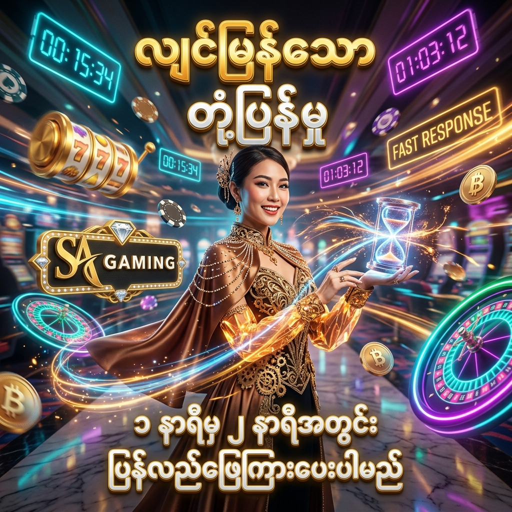 SA Gaming အွန်လိုင်းကာစီနို၏ ပုံမှန်အားဖြင့် ၁ နာရီမှ ၂ နာရီအတွင်း လျင်မြန်စွာ ပြန်လည်ဖြေကြားပေးသော တုံ့ပြန်မှု ဝန်ဆောင်မှု ပိုစတာဖြစ်ပါသည်။ ပတ္တမြားနှင့် ရွှေရောင် ဖန်တက်စီ ဝတ်စုံ ဝတ်ဆင်ထားသော အာရှအမျိုးသမီး တင်ဆက်သူ၊ ဟိုလိုဂရမ် နာရီများနှင့် အကူအညီပေးရေး ဝစ်ဂျက်များ၊ တောက်ပသော နီယွန်မီးရောင်များ၊ ရွှေဒင်္ဂါးပြားများ၊ ကာစီနိုချစ်ပ်များနှင့် SA Gaming လိုဂိုတို့ဖြင့် ကစားသမားများ၏ မေးခွန်းများကို အမြန်ဆုံး ကူညီဖြေရှင်းပေးနိုင်ရန် ဖန်တီးထားသော အရည်အသွေးမြင့် ကြော်ငြာရုပ်ပုံ ဖြစ်ပါသည်။

