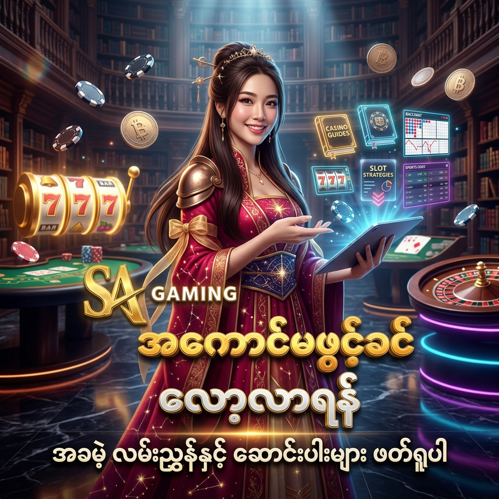 SA Gaming အွန်လိုင်းကာစီနိုတွင် အကောင့်မဖွင့်မီ စလော့ ကစားနည်း၊ ဘာကာရက် မဟာဗျူဟာများ၊ ဘောလုံးလောင်းကစား ဖတ်နည်းနှင့် ဘောနပ်စ် စည်းကမ်းချက်များကို အခမဲ့ လေ့လာဖတ်ရှုနိုင်သည့် လမ်းညွှန်နှင့် ဆောင်းပါးများ အကြောင်း ဖော်ပြထားသည့် အစစ်အမှန် ဓါတ်ပုံစတိုင်လ် ကြော်ငြာ ပိုစတာဖြစ်ပါသည်။ ပတ္တမြားနီရောင် ဖန်တက်စီ ဝတ်စုံ ဝတ်ဆင်ထားသော အာရှအမျိုးသမီး တင်ဆက်သူ၊ ဟိုလိုဂရမ် စာအုပ်များနှင့် လမ်းညွှန် ဝစ်ဂျက်များ၊ တောက်ပသော နီယွန်မီးရောင်များ၊ ရွှေဒင်္ဂါးပြားများ၊ ကာစီနိုချစ်ပ်များနှင့် SA Gaming လိုဂိုတို့ဖြင့် ကစားသမားများ စိတ်အေးချမ်းစွာ အခမဲ့ လေ့လာနိုင်ရန် ဖန်တီးထားသော ရုပ်ပုံ ဖြစ်ပါသည်။

