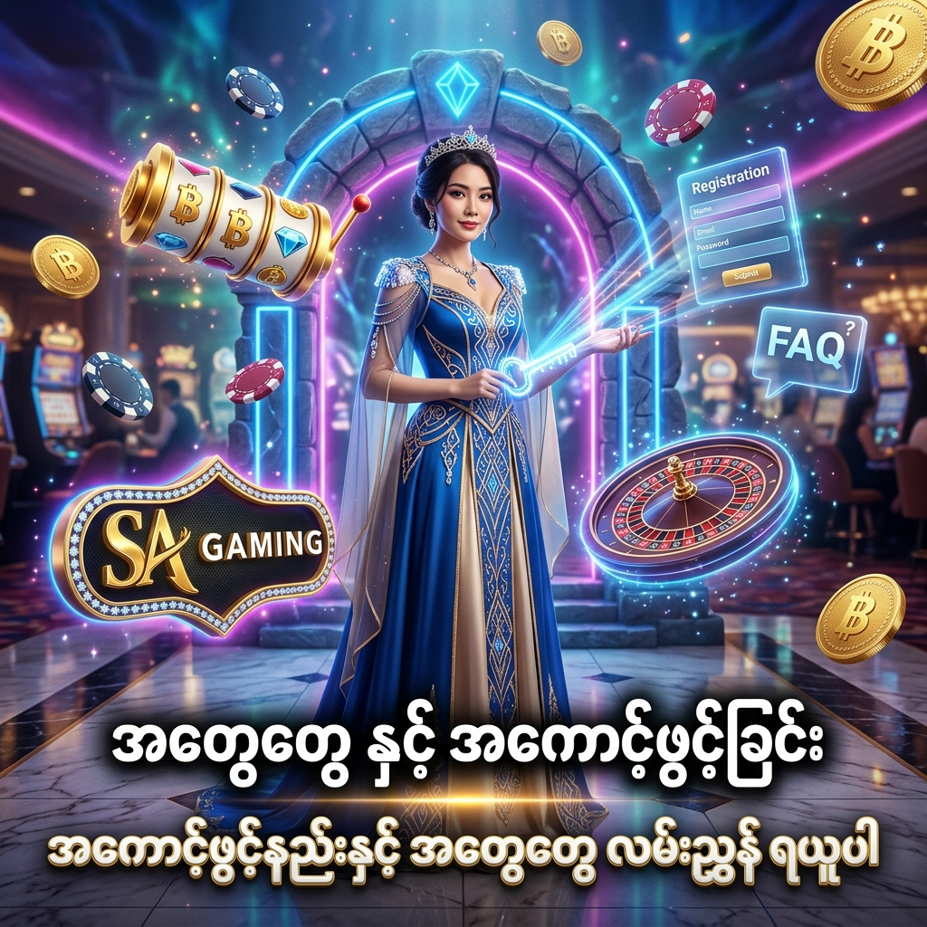 SA Gaming အွန်လိုင်းကာစီနို၏ အထွေထွေ မေးခွန်းများနှင့် အကောင့်ဖွင့်ခြင်းဆိုင်ရာ လမ်းညွှန်ချက်များ အကြောင်း ဖော်ပြထားသည့် အရည်အသွေးမြင့် ပိုစတာဖြစ်ပါသည်။ စီးပွားရေး ဖန်တက်စီ ဝတ်စုံ ဝတ်ဆင်ထားသော အာရှအမျိုးသမီး တင်ဆက်သူ၊ ဟိုလိုဂရမ် အကောင့်ဖွင့် ပုံစံများ၊ တောက်ပသော နီယွန်မီးရောင်များ၊ ရွှေဒင်္ဂါးပြားများ၊ ကာစီနိုချစ်ပ်များနှင့် SA Gaming လိုဂိုတို့ဖြင့် အွန်လိုင်းကာစီနို အသုံးပြုသူများ လွယ်ကူစွာ အကောင့်ဖွင့်ပြီး စတင်နိုင်ရန် ဖန်တီးထားသော ကြော်ငြာရုပ်ပုံ ဖြစ်ပါသည်။

