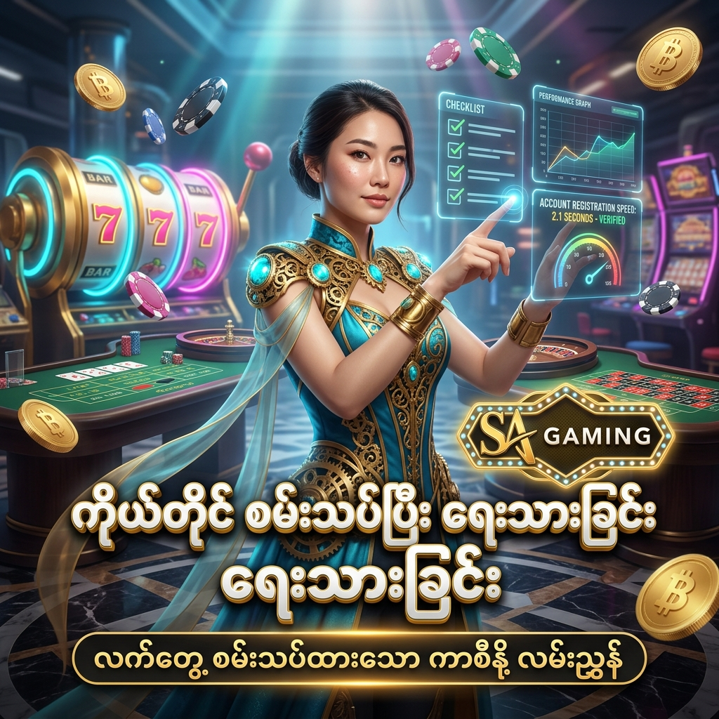 SA Gaming အွန်လိုင်းကာစီနို၏ ဂိမ်းလည်ပတ်မှု၊ အကောင့်ဖွင့်လုပ်ငန်းစဉ်နှင့် ဝန်ဆောင်မှု တုံ့ပြန်ချိန်များကို ကိုယ်တိုင် လက်တွေ့ စမ်းသပ်ပြီးမှ ရေးသားထားသည့် ကြော်ငြာ ပိုစတာဖြစ်ပါသည်။ စီးပွားရေးဆိုင်ရာ ဆန်းသစ်သော ဖန်တက်စီ ဝတ်စုံ ဝတ်ဆင်ထားသော အာရှအမျိုးသမီး တင်ဆက်သူ၊ ဟိုလိုဂရမ် စမ်းသပ်ချက် ရလဒ်များ၊ တောက်ပသော နီယွန်မီးရောင်များ၊ ရွှေဒင်္ဂါးပြားများ၊ ကာစီနိုချစ်ပ်များနှင့် SA Gaming လိုဂိုတို့ဖြင့် ကစားသမားများ စိတ်ချယုံကြည်စွာ ဖတ်ရှုလေ့လာနိုင်ရန် ဖန်တီးထားသော အစစ်အမှန် ဓါတ်ပုံစတိုင်လ် ရုပ်ပုံ ဖြစ်ပါသည်။

