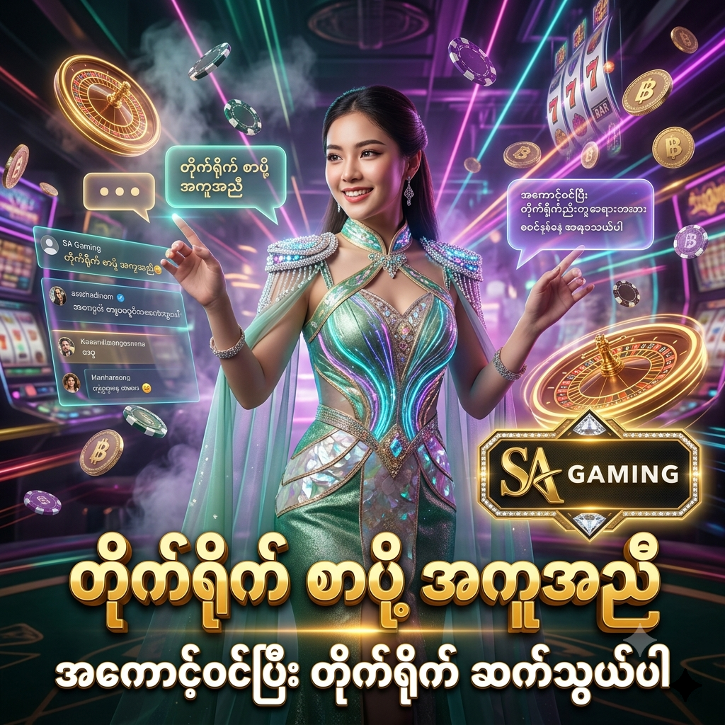 SA Gaming အွန်လိုင်းကာစီနို၏ အကောင့်ဝင်ပြီး တိုက်ရိုက် စာပို့ ဆက်သွယ်နိုင်သော Live Chat ဝန်ဆောင်မှု အကြောင်း ဖော်ပြထားသည့် အရည်အသွေးမြင့် ပိုစတာဖြစ်ပါသည်။ မြရောင်နှင့် မုတ္တာရောင် ဖန်တက်စီ ဝတ်စုံ ဝတ်ဆင်ထားသော အာရှအမျိုးသမီး တင်ဆက်သူ၊ ဟိုလိုဂရမ် စာပို့ ဝစ်ဂျက်များ၊ တောက်ပသော နီယွန်မီးရောင်များ၊ ရွှေဒင်္ဂါးပြားများ၊ ကာစီနိုချစ်ပ်များနှင့် SA Gaming လိုဂိုတို့ဖြင့် ကစားသမားများ အွန်လိုင်းအကူအညီအဖွဲ့ထံ တိုက်ရိုက် မေးမြန်းနိုင်ရန် ဖန်တီးထားသော ကြော်ငြာရုပ်ပုံ ဖြစ်ပါသည်။

