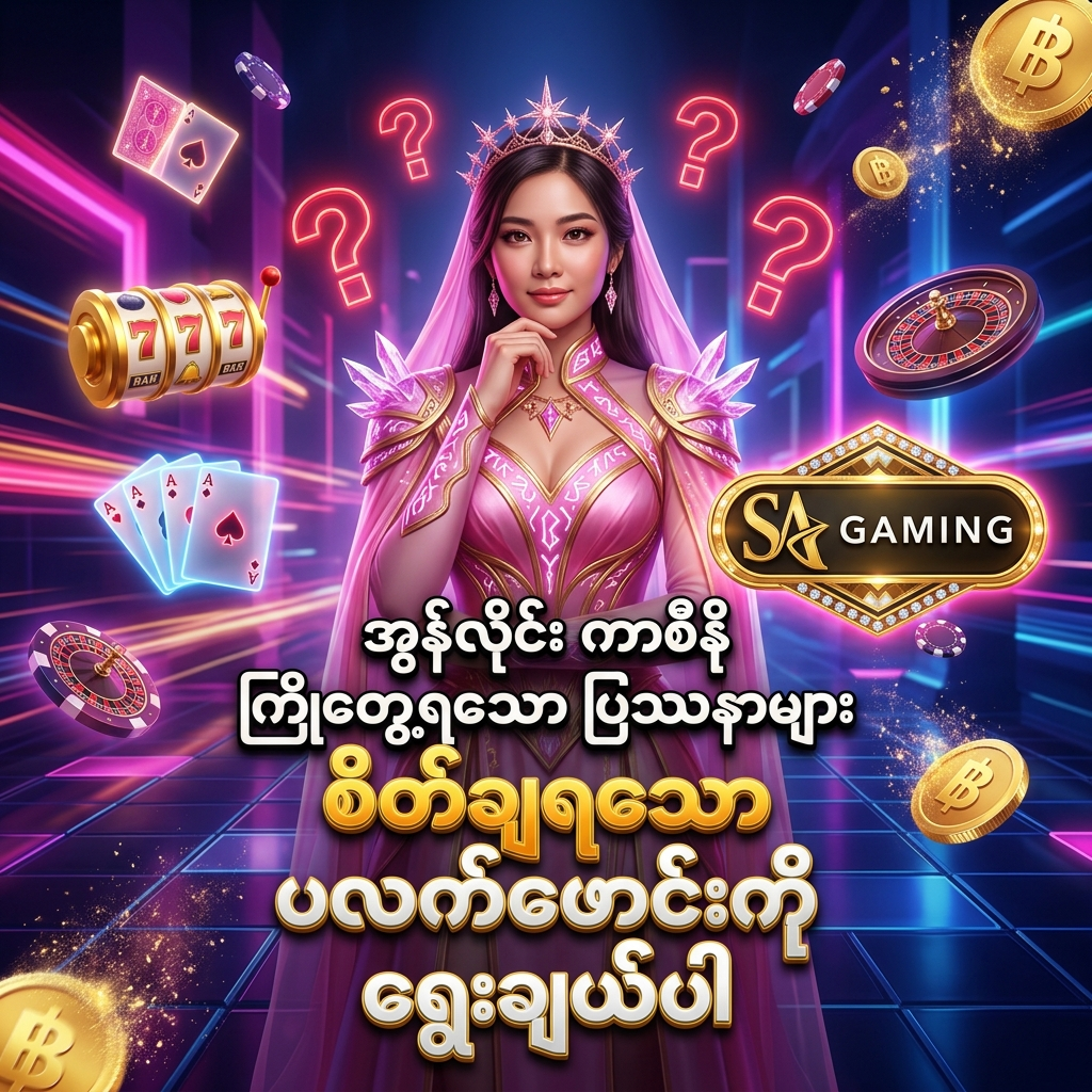 SA Gaming အွန်လိုင်းကာစီနို၏ ကစားသမားများ ရင်ဆိုင်ကြုံတွေ့ရလေ့ရှိသော အခက်အခဲများနှင့် စိတ်ချယုံကြည်ရသည့် ပလက်ဖောင်းကို မှန်ကန်စွာ ရွေးချယ်နိုင်ရေး အကြောင်း ဖော်ပြထားသည့် အရည်အသွေးမြင့် ပိုစတာဖြစ်ပါသည်။ ပန်းရောင်နှင့် ရွှေရောင် ဖန်တက်စီ ဝတ်စုံ ဝတ်ဆင်ထားသော အာရှအမျိုးသမီး တင်ဆက်သူ၊ ဟိုလိုဂရမ် မေးခွန်းသင်္ကေတများ၊ တောက်ပသော နီယွန်မီးရောင်များ၊ ရွှေဒင်္ဂါးပြားများ၊ ကာစီနိုချစ်ပ်များနှင့် SA Gaming လိုဂိုတို့ဖြင့် ကစားသမားများ စိတ်ချယုံကြည်စွာ ကစားနိုင်ရန် ဖန်တီးထားသော ကြော်ငြာရုပ်ပုံ ဖြစ်ပါသည်။

