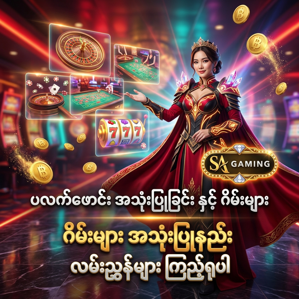SA Gaming အွန်လိုင်းကာစီနို၏ ပလက်ဖောင်း အသုံးပြုခြင်းနှင့် ဂိမ်းများအကြောင်း လမ်းညွှန်ထားသည့် အရည်အသွေးမြင့် ပိုစတာဖြစ်ပါသည်။ စိန်နှင့် ပတ္တမြားရောင် ဖန်တက်စီ ဝတ်စုံ ဝတ်ဆင်ထားသော အာရှအမျိုးသမီး တင်ဆက်သူ၊ ဟိုလိုဂရမ် ဂိမ်းပြကွက်များ၊ တောက်ပသော နီယွန်မီးရောင်များ၊ ရွှေဒင်္ဂါးပြားများ၊ ကာစီနိုချစ်ပ်များနှင့် SA Gaming လိုဂိုတို့ဖြင့် အွန်လိုင်းကာစီနို ပလက်ဖောင်းအသုံးပြုနည်းနှင့် ဂိမ်းများအကြောင်း လွယ်ကူစွာ လေ့လာနိုင်ရန် ဖန်တီးထားသော ကြော်ငြာရုပ်ပုံ ဖြစ်ပါသည်။

