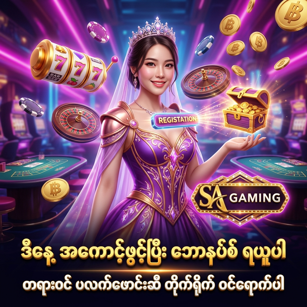 SA Gaming အွန်လိုင်းကာစီနိုတွင် ဒီနေ့ အကောင့်ဖွင့်ပြီး ပထမဆုံး ဘောနပ်စ်ကို ရယူရန်နှင့် တရားဝင် ပလက်ဖောင်းဆီ ထပ်ဆောင်း ကုန်ကျစရိတ်မရှိဘဲ တိုက်ရိုက် ဝင်ရောက်နိုင်ကြောင်း ဖော်ပြထားသည့် အစစ်အမှန် ဓါတ်ပုံစတိုင်လ် ကြော်ငြာ ပိုစတာဖြစ်ပါသည်။ အမေသစ်ခရမ်းရောင် ဖန်တက်စီ ဝတ်စုံ ဝတ်ဆင်ထားသော အာရှအမျိုးသမီး တင်ဆက်သူ၊ ဟိုလိုဂရမ် မှတ်ပုံတင် ခလုတ်များ၊ တောက်ပသော နီယွန်မီးရောင်များ၊ ရွှေဒင်္ဂါးပြားများ၊ ကာစီနိုချစ်ပ်များနှင့် SA Gaming လိုဂိုတို့ဖြင့် အကောင့်သစ် စတင်ဖွင့်လှစ်သူများအတွက် ဖန်တီးထားသော ကြော်ငြာရုပ်ပုံ ဖြစ်ပါသည်။

