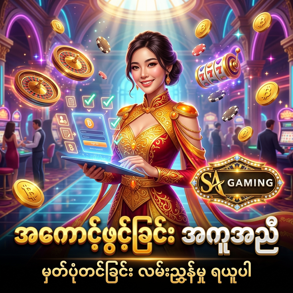 SA Gaming အွန်လိုင်းကာစီနိုတွင် အကောင့်ဖွင့်ခြင်းနှင့် မှတ်ပုံတင်ခြင်း လုပ်ငန်းစဉ်များအတွက် အွန်လိုင်းလမ်းညွှန်မှု ရရှိနိုင်ကြောင်း ဖော်ပြထားသည့် အရည်အသွေးမြင့် ပိုစတာဖြစ်ပါသည်။ နေရောင်ခြည်ရွှေရောင်နှင့် နီရဲသော ဖန်တက်စီ ဝတ်စုံ ဝတ်ဆင်ထားသည့် အာရှအမျိုးသမီး တင်ဆက်သူ၊ ဟိုလိုဂရမ် မှတ်ပုံတင် ဝစ်ဂျက်များ၊ တောက်ပသော နီယွန်မီးရောင်များ၊ ရွှေဒင်္ဂါးပြားများ၊ ကာစီနိုချစ်ပ်များနှင့် SA Gaming လိုဂိုတို့ဖြင့် အကောင့်သစ် ဖွင့်လှစ်လိုသည့် ကစားသမားများ လွယ်ကူစွာ လမ်းညွှန်မှု ရယူနိုင်ရန် ဖန်တီးထားသော ကြော်ငြာရုပ်ပုံ ဖြစ်ပါသည်။

