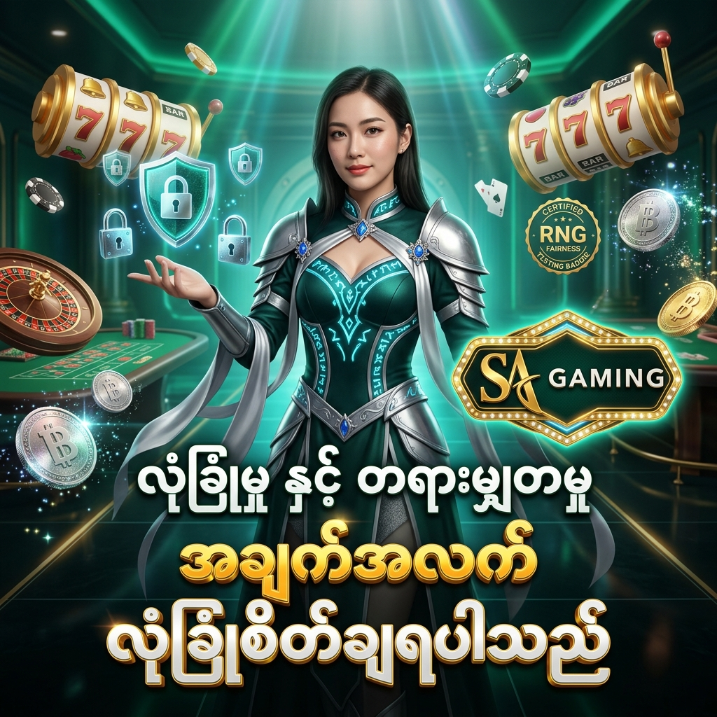 SA Gaming အွန်လိုင်းကာစီနို၏ အချက်အလက် လုံခြုံမှုအတွက် တရားဝင် encryption စနစ်များ အသုံးပြုထားခြင်းနှင့် ဂိမ်းရလဒ်များ တရားမျှတမှု ရှိစေရန် စမ်းသပ်ထားသော စနစ်များဖြင့် ဆောင်ရွက်ထားကြောင်း ဖော်ပြထားသည့် အစစ်အမှန် ဓါတ်ပုံစတိုင်လ် ကြော်ငြာ ပိုစတာဖြစ်ပါသည်။ မြရောင်နှင့် ငွေရောင် ဖန်တက်စီ ဝတ်စုံ ဝတ်ဆင်ထားသော အာရှအမျိုးသမီး တင်ဆက်သူ၊ ဟိုလိုဂရမ် လုံခြုံရေး ဒိုင်းများ၊ တောက်ပသော နီယွန်မီးရောင်များ၊ ရွှေဒင်္ဂါးပြားများ၊ ကာစီနိုချစ်ပ်များနှင့် SA Gaming လိုဂိုတို့ဖြင့် အကောင့်အချက်အလက်များကို ၁၀၀% လုံခြုံစိတ်ချစွာ ထိန်းသိမ်းပေးထားကြောင်း ဖော်ပြထားသည့် ရုပ်ပုံ ဖြစ်ပါသည်။

