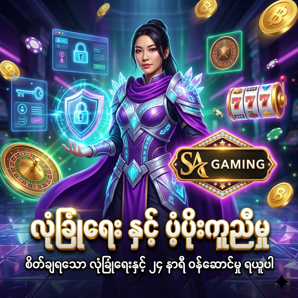 SA Gaming အွန်လိုင်းကာစီနို၏ လုံခြုံရေး နှင့် ပံ့ပိုးကူညီမှု ဝန်ဆောင်မှုများအကြောင်း ဖော်ပြထားသည့် အရည်အသွေးမြင့် ပိုစတာဖြစ်ပါသည်။ အမေသစ်ခရမ်းရောင် ဖန်တက်စီ ဝတ်စုံ ဝတ်ဆင်ထားသော အာရှအမျိုးသမီး တင်ဆက်သူ၊ ဟိုလိုဂရမ် လုံခြုံရေး ဒိုင်းများ၊ တောက်ပသော နီယွန်မီးရောင်များ၊ ရွှေဒင်္ဂါးပြားများ၊ ကာစီနိုချစ်ပ်များနှင့် SA Gaming လိုဂိုတို့ဖြင့် ကစားသမားများ၏ အချက်အလက်များနှင့် အကောင့်လုံခြုံရေးကို ၂၄ နာရီပတ်လုံး စိတ်ချယုံကြည်စွာ ကူညီပေးနိုင်ရန် ဖန်တီးထားသော ကြော်ငြာရုပ်ပုံ ဖြစ်ပါသည်။

