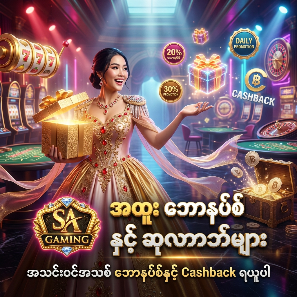 SA Gaming အွန်လိုင်းကာစီနို၏ အထူး ဘောနပ်စ် နှင့် ဆုလာဘ်များ အပါအဝင် အသင်းဝင်အသစ် ဘောနပ်စ်၊ နေ့စဉ် ပရိုမိုးရှင်းများနှင့် Cashback အစီအစဉ်များအကြောင်း ဖော်ပြထားသည့် အစစ်အမှန် ဓါတ်ပုံစတိုင်လ် ကြော်ငြာ ပိုစတာဖြစ်ပါသည်။ နေရောင်ခြည် ရွှေရောင်နှင့် ပန်းရောင် ဖန်တက်စီ ဝတ်စုံ ဝတ်ဆင်ထားသော အာရှအမျိုးသမီး တင်ဆက်သူ၊ ရွှေရောင် သေတ္တာများနှင့် ဘောနပ်စ် ဟိုလိုဂရမ်များ၊ တောက်ပသော နီယွန်မီးရောင်များ၊ ရွှေဒင်္ဂါးပြားများ၊ ကာစီနိုချစ်ပ်များနှင့် SA Gaming လိုဂိုတို့ဖြင့် အကောင့်သစ် စာရင်းသွင်းသူများ အလွယ်တကူ ဘောနပ်စ် ရယူနိုင်ရန် ဖန်တီးထားသော ကြော်ငြာရုပ်ပုံ ဖြစ်ပါသည်။

