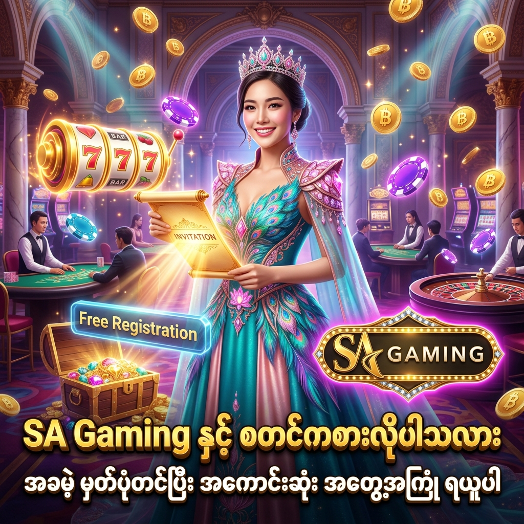 SA Gaming အွန်လိုင်းကာစီနိုတွင် အခမဲ့ မှတ်ပုံတင်ပြီး အကောင်းဆုံး ကစားနည်း အတွေ့အကြုံများကို စတင် ခံစားနိုင်ကြောင်း ဖော်ပြထားသည့် အရည်အသွေးမြင့် ပိုစတာဖြစ်ပါသည်။ မြရောင်နှင့် ရွှေရောင် ဖန်တက်စီ ဝတ်စုံ ဝတ်ဆင်ထားသော အာရှအမျိုးသမီး တင်ဆက်သူ၊ တောက်ပသော နီယွန်မီးရောင်များ၊ ရွှေဒင်္ဂါးပြားများ၊ ကာစီနိုချစ်ပ်များနှင့် SA Gaming လိုဂိုတို့ဖြင့် အွန်လိုင်းကာစီနို ကစားသမားများ စိတ်ပါဝင်စားစွာ အခမဲ့ အကောင့်ဖွင့်လှစ်နိုင်ရန် ဖန်တီးထားသော ကြော်ငြာရုပ်ပုံ ဖြစ်ပါသည်။

