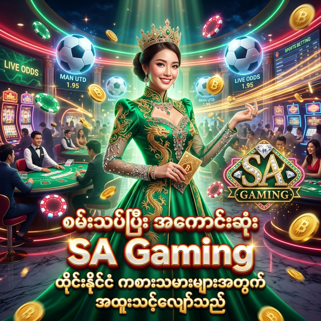 SA Gaming ကို စံနှုန်းပေါင်းများစွာဖြင့် လက်တွေ့စမ်းသပ်ပြီးနောက် ထိုင်းနိုင်ငံရှိ ကစားသမားများအတွက် အသင့်လျော်ဆုံး အကောင်းဆုံး အွန်လိုင်းကာစီနိုအဖြစ် အကြံပြုထားသော ပိုစတာဖြစ်ပါသည်။ မြမရောင် ဖန်တက်စီ ဝတ်စုံ ဝတ်ဆင်ထားသော အာရှအမျိုးသမီး တင်ဆက်သူ၊ Live ဘာကာရက်၊ စလော့၊ ဘောလုံးလောင်းကစား ဟိုလိုဂရမ်များ၊ တောက်ပသော နီယွန်မီးရောင်များ၊ ရွှေဒင်္ဂါးပြားများ၊ ကာစီနိုချစ်ပ်များနှင့် SA Gaming လိုဂိုတို့ဖြင့် ယုံကြည်စိတ်ချရသော ဝန်ဆောင်မှုကို ဖော်ပြထားသော အရည်အသွေးမြင့် ကြော်ငြာရုပ်ပုံ ဖြစ်ပါသည်။

