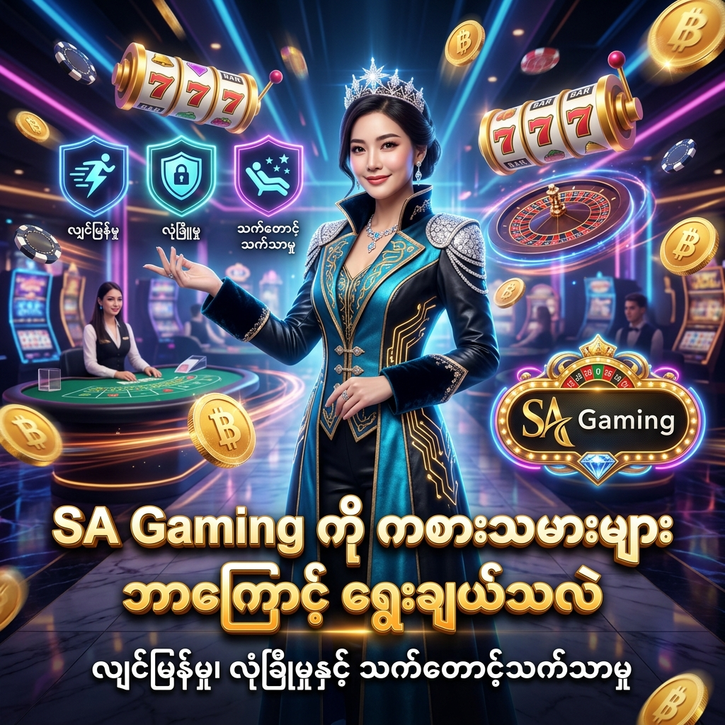 SA Gaming အွန်လိုင်းကာစီနိုကို ကစားသမားများ ဘာကြောင့် ရွေးချယ်သလဲ ဆိုသည့် လျင်မြန်မှု၊ လုံခြုံမှုနှင့် သက်တောင့်သက်သာရှိမှု အသွင်အပြင်များအကြောင်း ဖော်ပြထားသည့် အရည်အသွေးမြင့် ပိုစတာဖြစ်ပါသည်။ စီးပွားရေးဆိုင်ရာ ဆန်းသစ်သော ဖန်တက်စီ ဝတ်စုံ ဝတ်ဆင်ထားသည့် အာရှအမျိုးသမီး တင်ဆက်သူ၊ ဟိုလိုဂရမ် သင်္ကေတများ၊ တောက်ပသော နီယွန်မီးရောင်များ၊ ရွှေဒင်္ဂါးပြားများ၊ ကာစီနိုချစ်ပ်များနှင့် SA Gaming လိုဂိုတို့ဖြင့် အွန်လိုင်းကာစီနို ကစားသမားများ စိတ်ချယုံကြည်စွာ ရွေးချယ်နိုင်ရန် ဖန်တီးထားသော ကြော်ငြာရုပ်ပုံ ဖြစ်ပါသည်။

